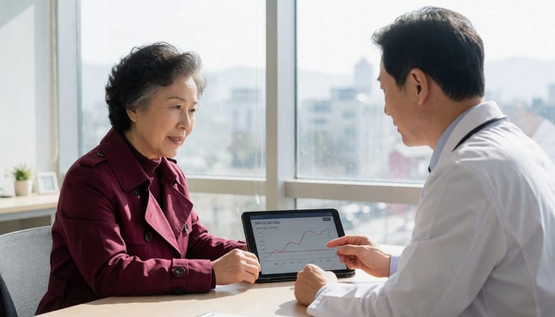 수면다원검사 결과지를 두고 의료진과 수치를 확인하는 모습입니다.