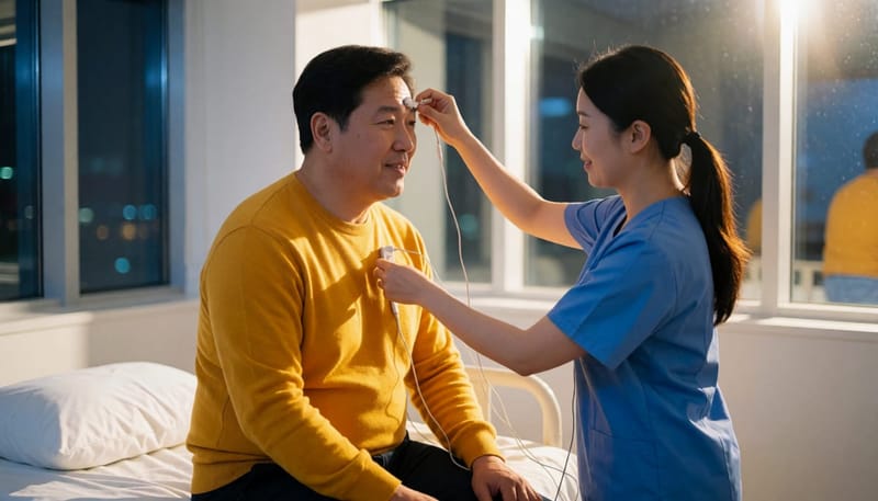 수면다원검사에서는 뇌파, 호흡, 산소포화도 등 여러 신호를 함께 기록합니다