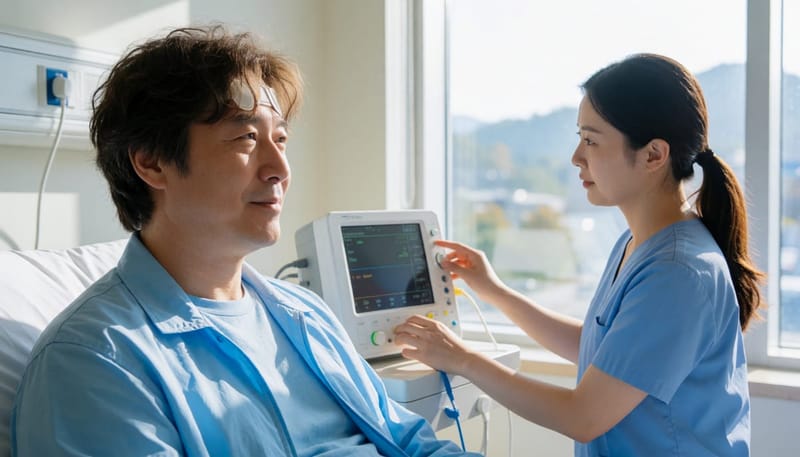수면다원검사 중 부착하는 센서로 호흡과 산소포화도를 함께 기록합니다