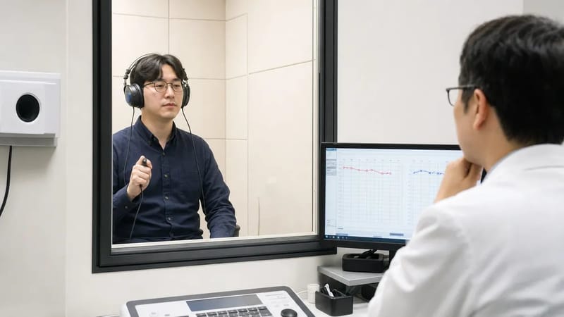 순음청력검사로 주파수별 청력 역치를 확인하는 모습