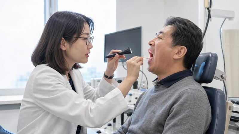 성인 환자의 인두 상태를 확인하는 진료 장면