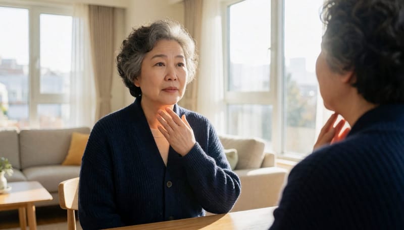 집에서 목소리 상태를 스스로 점검해보는 중년 여성의 모습입니다.