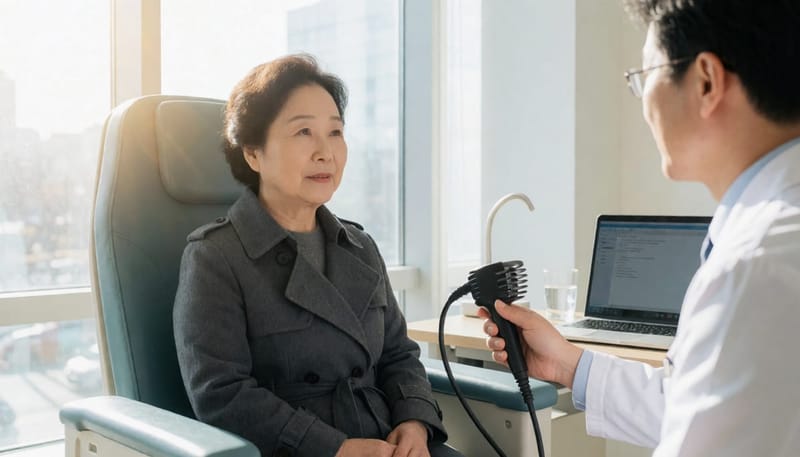 고령 환자가 후두내시경 검사를 받는 모습입니다.