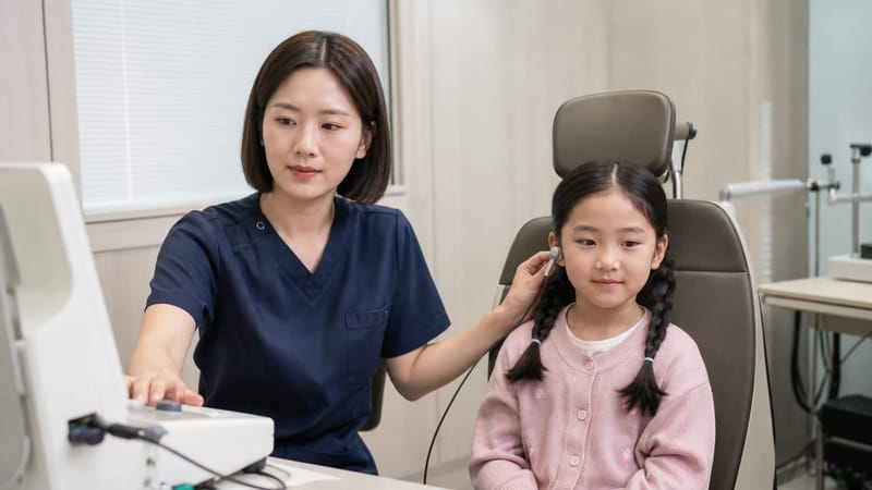 학동기 아이는 고막운동성계측으로 삼출액 여부와 청력 저하를 함께 확인합니다.