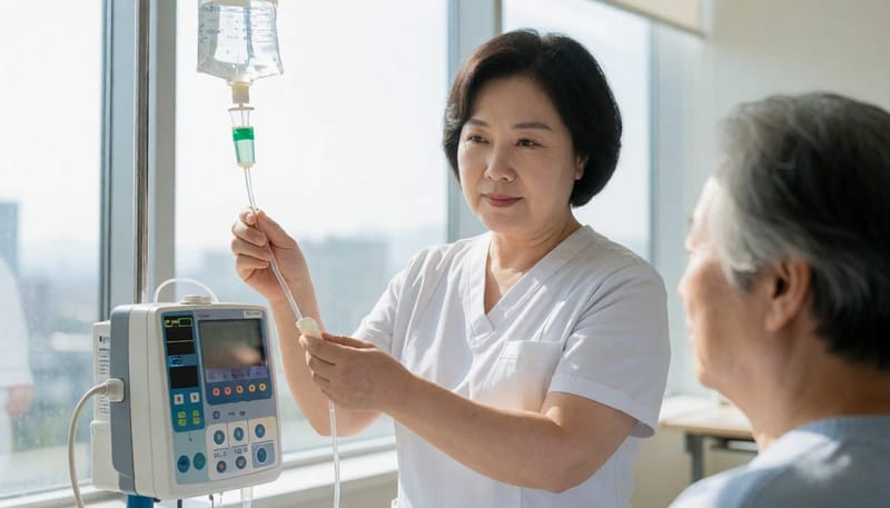 수액 주입 속도를 확인하는 간호사