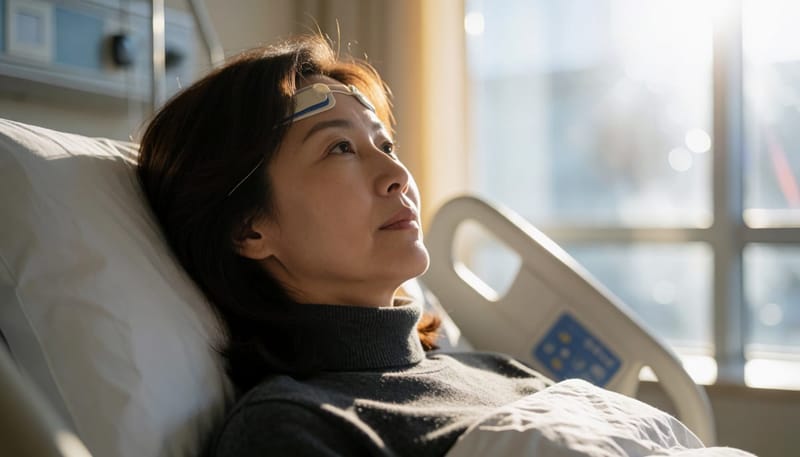 밤 동안 전극과 센서를 부착한 채 수면다원검사를 받는 모습
