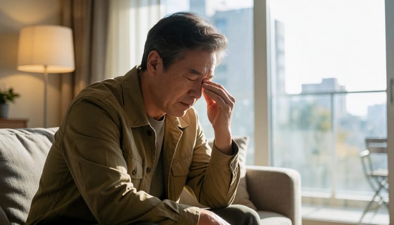 밤늦게까지 쉽게 잠들지 못하고 피로감을 호소하는 중장년층의 모습