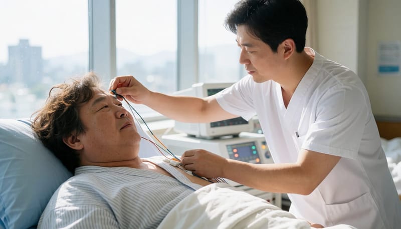 야간 수면다원검사 중 전극과 센서를 부착하는 모습