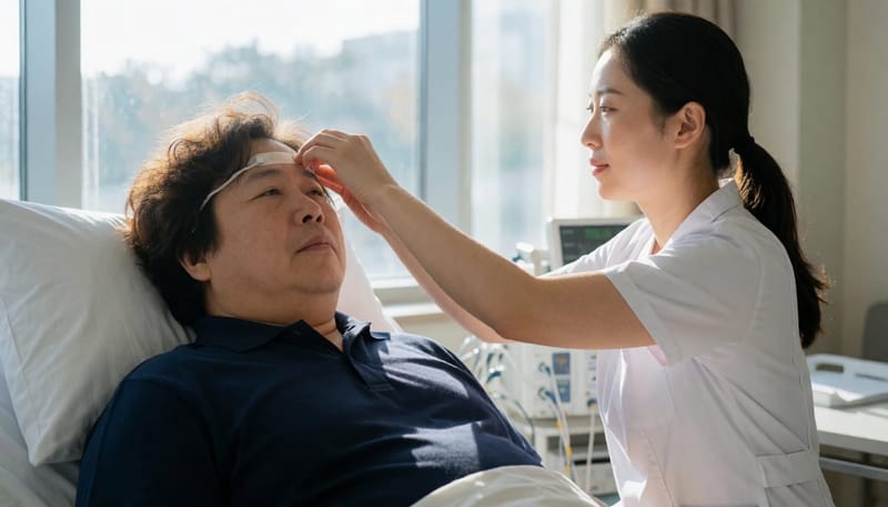 수면다원검사실에서 센서를 부착하는 모습