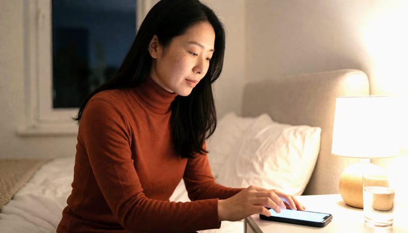 휴대폰 화면을 낮추고 잠자리에 들기 전 루틴을 만드는 모습