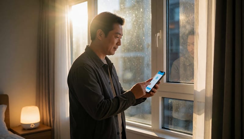 실내 공기질을 확인하고 창문을 닫는 밤의 침실