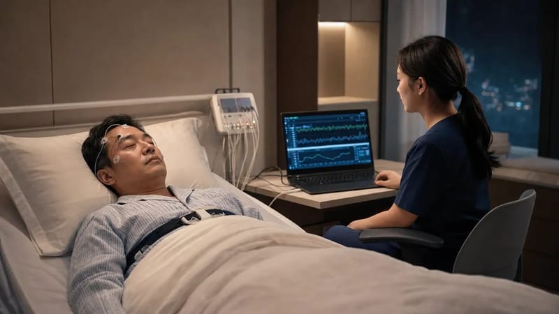 수면다원검사에서는 전극과 센서로 호흡, 산소포화도, 뇌파 등을 밤새 기록합니다.
