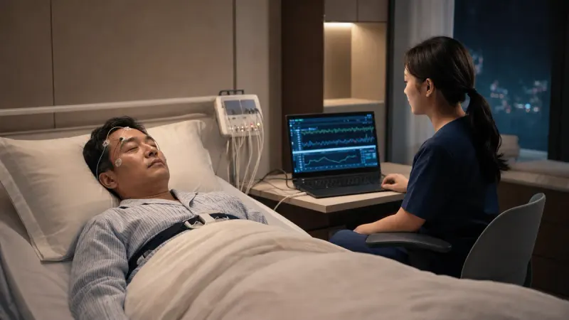 수면다원검사에서는 전극과 센서로 호흡, 산소포화도, 뇌파 등을 밤새 기록합니다.
