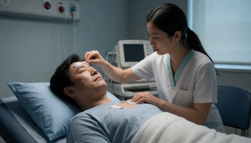 수면다원검사를 위해 센서를 부착받는 환자와 간호사의 모습