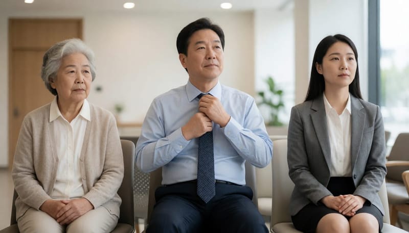 연령대가 다른 세 사람이 병원 대기실에 각자 앉아 있는 모습