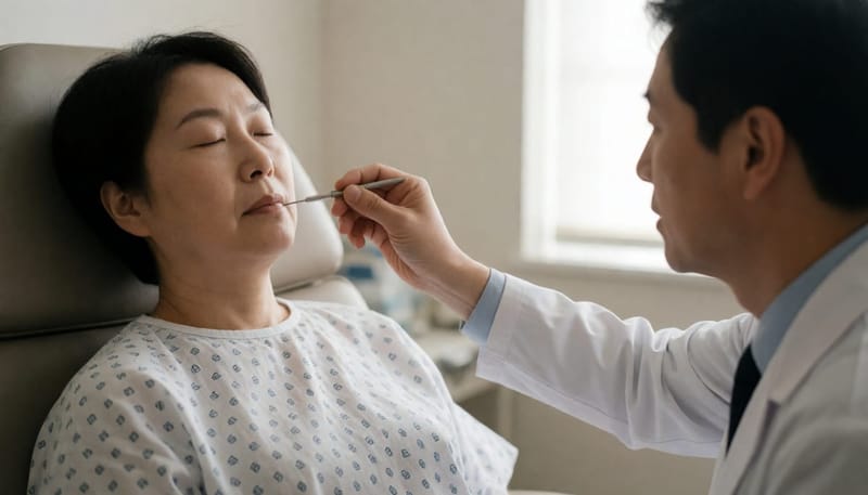 의사가 후두내시경 검사를 위해 환자의 코 쪽에 기구를 대는 모습