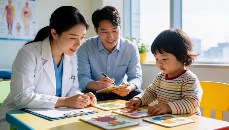 소아과 진료실에서 아이의 발달 요인을 살펴보는 의사와 아버지