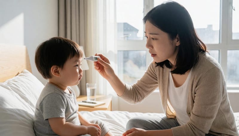 고열에 눈이 충혈된 아이의 체온을 재는 엄마