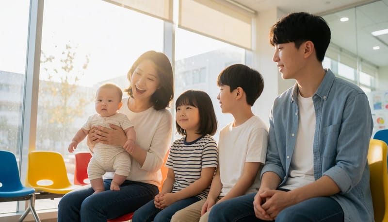 영아부터 10대까지 다양한 연령대가 함께 있는 소아과 대기실