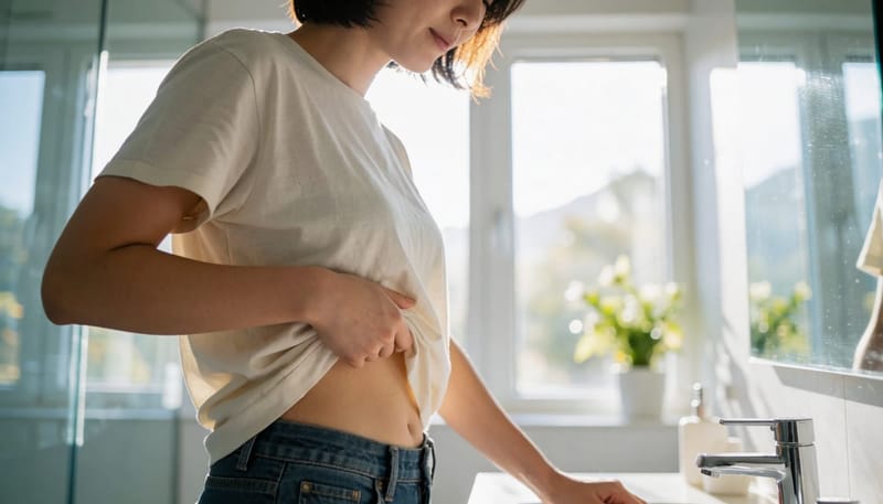 욕실 거울 앞에서 제왕절개 흉터 부위를 살펴보는 여성의 모습