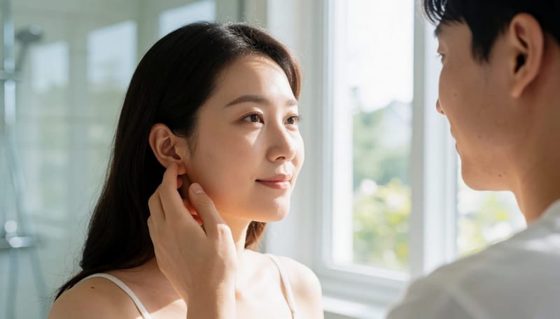 환절기에 두툼하게 부푼 귀 피어싱 부위를 손가락으로 살펴보는 모습