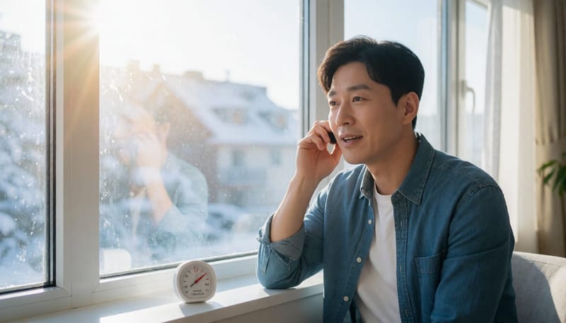 건조한 실내에서 일교차로 자극받은 피어싱 부위를 만지는 모습