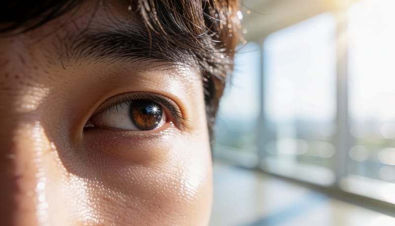 어두운 곳에서 동공이 커진 눈동자에 빛이 별 모양으로 번지는 모습을 클로즈업한 장면
