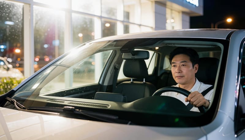 운전석에 앉아 밤거리 가로등 불빛을 바라보며 자신의 야간 시야 상태를 가늠해보는 남성