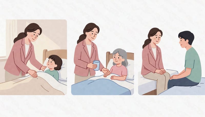 나이대별로 다른 돌봄: 어린아이 재우기, 수분 섭취 확인, 사춘기 자녀와의 대화