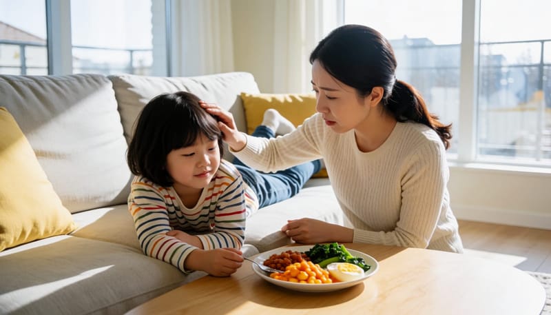 창백한 얼굴로 식욕을 잃고 소파에 누운 아이를 어머니가 살펴보는 장면