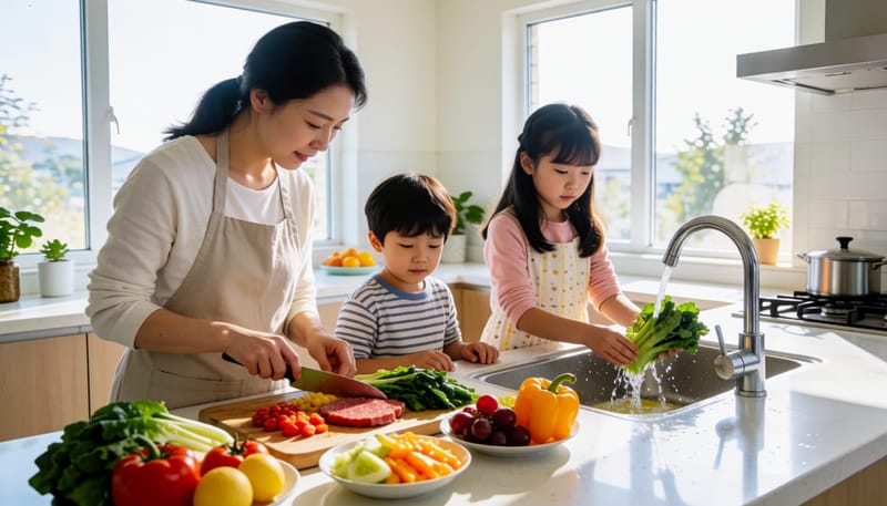 연령대가 다른 두 아이와 함께 철분이 풍부한 식사를 준비하는 어머니