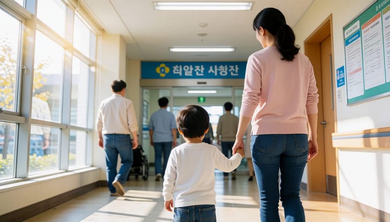 창백한 아이의 손을 잡고 소아과 진료를 받으러 병원 복도를 걷는 어머니