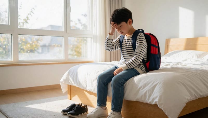 학교에서 돌아와 가방을 멘 채 침대에 걸터앉아 이마를 짚는 아이