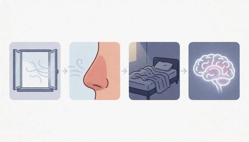 건조한 공기와 수면 부족이 각각 증상을 유발하는 과정을 보여주는 4단계 그림
