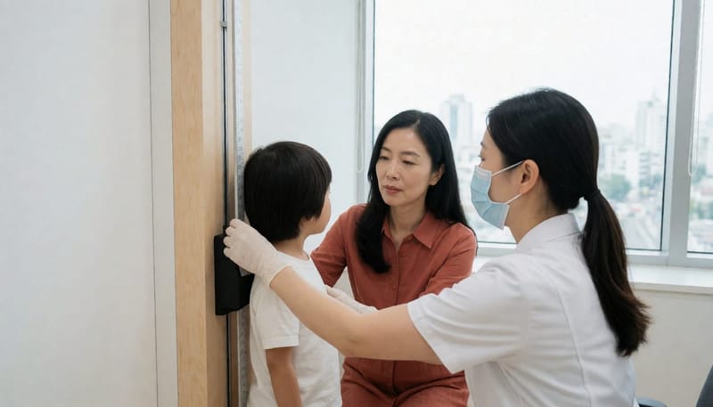 성장 클리닉에서 신장계로 키를 측정하는 아이와 지켜보는 어머니