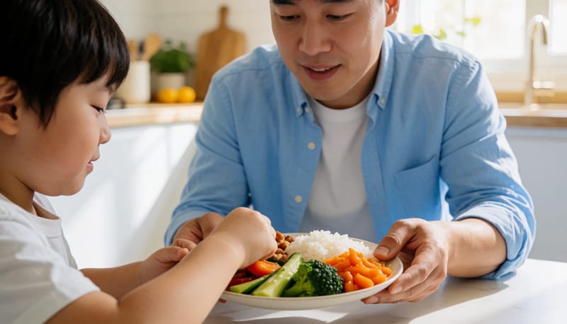 아버지가 아이에게 다양한 반찬을 권하며 편식 걱정을 다독이는 아침 식탁