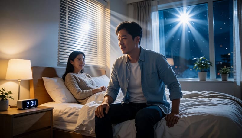 새벽에 옆구리 통증으로 침대에서 괴로워하는 남성