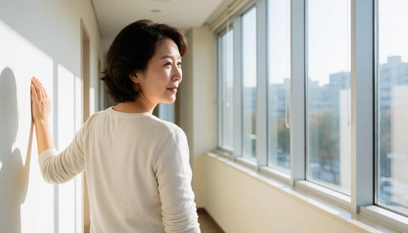 물결치듯 반복되는 통증으로 벽을 짚고 있는 여성의 모습