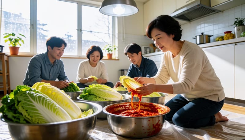 김장 중 손목을 비틀어 배추에 양념을 바르는 여성의 모습