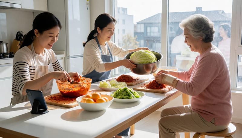 20대, 40대, 60대 여성이 각기 다른 자세로 김장을 하는 모습