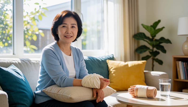 소파에서 손목에 냉찜질용 아이스팩을 올려놓고 휴식하는 여성