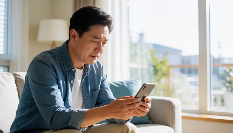 소파에서 무릎 뒤를 살펴보는 남성의 모습