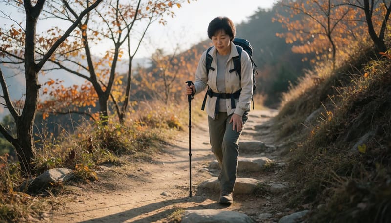 등산객이 하산 중 무릎 안쪽을 짚으며 멈춰 서 있는 모습