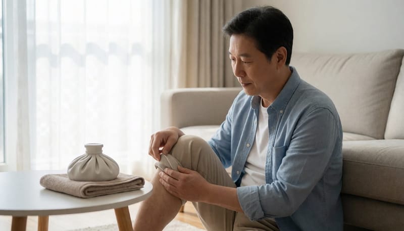 남성이 집에서 무릎 안쪽 붓기를 손으로 눌러 확인하는 모습