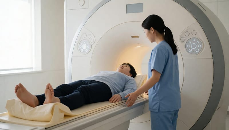 병원 영상의학실에서 MRI 검사를 받기 위해 누워있는 환자와 준비하는 방사선사