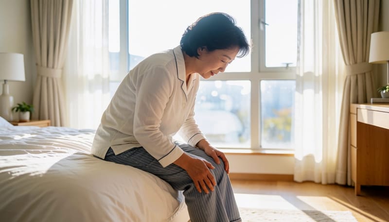 침대에 걸터앉아 무릎을 감싸 쥐는 여성의 모습