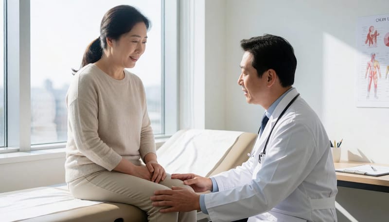 병원 진료실에서 의사가 무릎 상태를 촉진하며 확인하는 장면