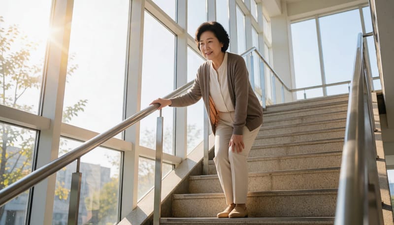계단 중간에서 무릎을 짚고 멈춰 선 중년 여성