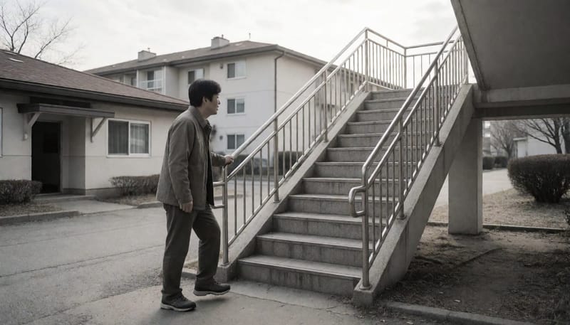계단 앞에서 무릎을 짚고 오르기를 망설이는 중년 남성의 모습