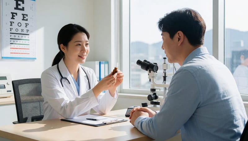 안과 진료실에서 안약을 설명하는 의사와 환자